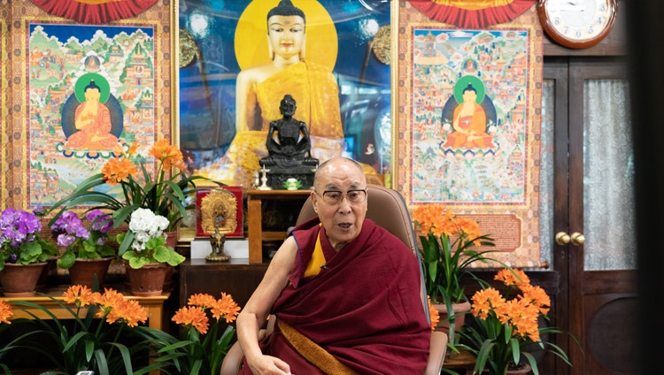 His Holiness the Dalai Lama answering questions from the virtual audience of members of organizations from the Baltic States from his residence in Dharamsala, HP, India on April 2, 2021. Photo by Ven Tenzin Jamphel.