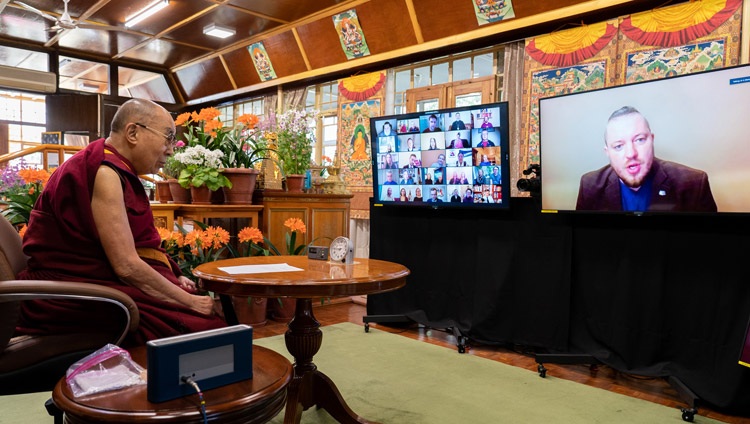 Davis Stalts, former MP and Riga City Council member in Latvia asking His Holiness the Dalai Lama a question during his talk on Morals and Ethics - Today and Tomorrow, online from his residence in Dharamsala, HP, India on April 2, 2021. Photo by Ven Tenzin Jamphel.