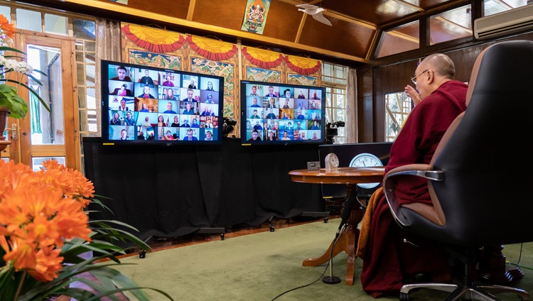  Members of organizations from the Baltic States listening to His Holiness the Dalai Lama speaking online from his residence in Dharamsala, HP, India on April 2, 2021. Photo by Ven Tenzin Jamphel.