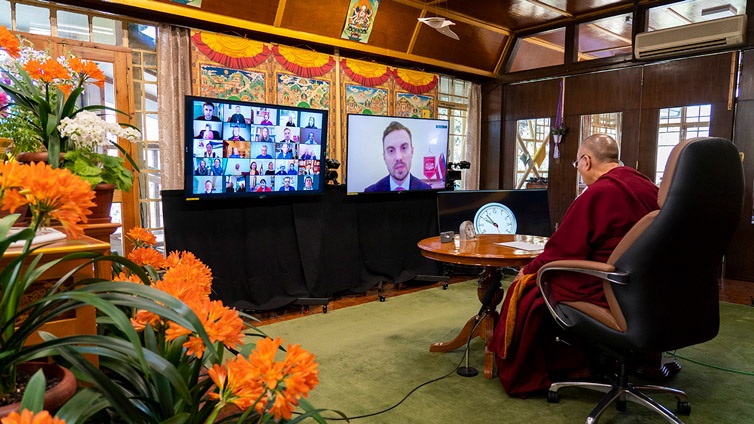 Uldis Budrikis, a Latvian MP and Chairman of the Group for the Support of Tibet in the Latvian Parliament thanking His Holiness the Dalai Lama at the conclusion of his online talk on Morals and Ethics - Today and Tomorrow from his residence in Dharamsala, HP, India on April 2, 2021. Photo by Ven Tenzin Jamphel.