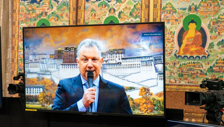 President of the Italian Buddhist Union, Filippo Scianna extending a welcome to His Holiness the Dalai Lama on behalf of the Union at the start of the online teachings on April 7, 2021. Photo by Ven Tenzin Jamphel