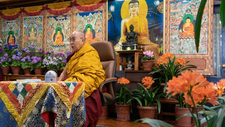 His Holiness the Dalai Lama answering questions from the virtual audience during his online teachings from his residence in Dharamsala, HP,India on April 7, 2021. Photo by Ven Tenzin Jamphel