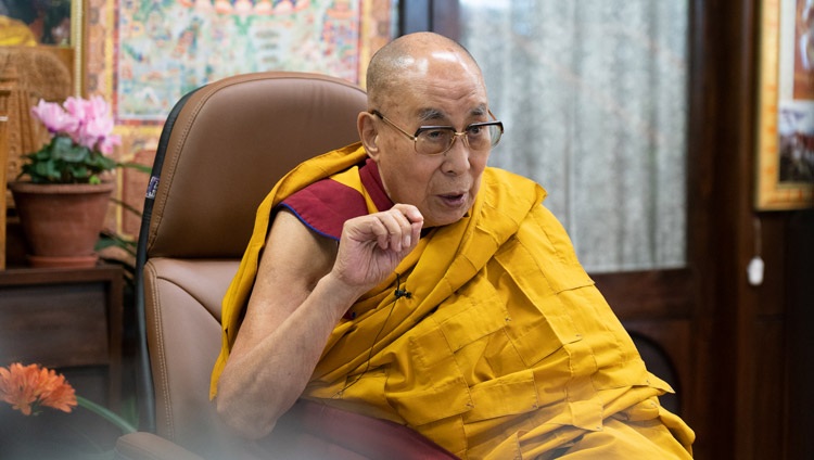 His Holiness the Dalai Lama speaking on the Four Noble Truths and the Two Truths during his online teaching requested by the Italian Buddhist Union from his residence in Dharamsala, HP,India on April 7, 2021. Photo by Ven Tenzin Jamphel