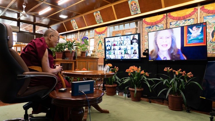 Sofia Stril-Rever opening a conversation between His Holiness the Dalai Lama at his residence in Dharamsala and guests of the French ‘Be the Love’ programme and the Canadian ‘One Better World Collective’ on April 12, 2021. Photo by Ven Tenzin Jamphel