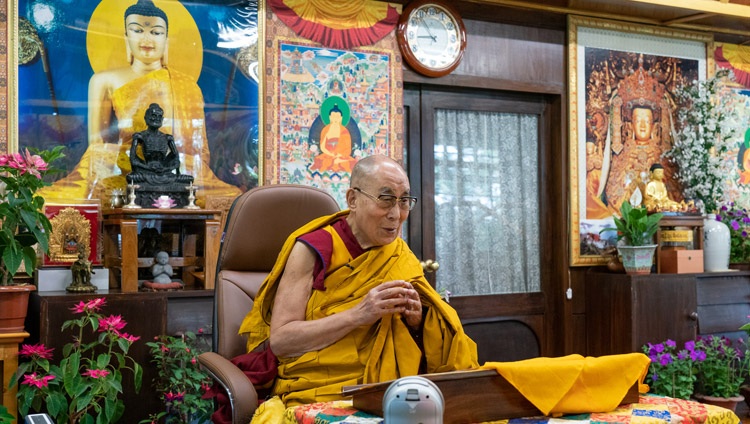 His Holiness the Dalai Lama listening to the 'Heart Sutra' being recited in Chinese at the start of his teachings online from his residence in Dharamsala, HP, India on May 1, 2021. Photo by Ven Tenzin Jamphel