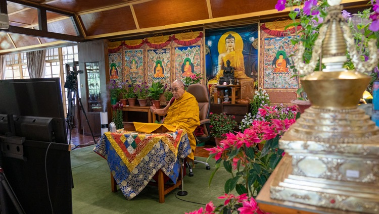 His Holiness the Dalai Lama speaking to the virtual audience during his online teaching on the 'Heart Sutra' from his residence in Dharamsala, HP, India on May 1, 2021. Photo by Ven Tenzin Jamphel