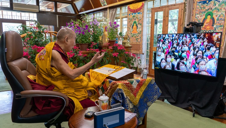 His Holiness the Dalai Lama commenting on the 'Heart Sutra' during his online teachings for a group in Taiwan from his residence in Dharamsala, HP, India on May 1, 2021. Photo by Ven Tenzin Jamphel