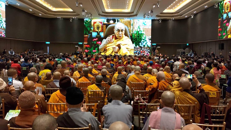 The audience in Taipei, Taiwan, watching His Holiness the Dalai Lama on big screens during his online teaching from his residence in Dharamsala, HP, India on May 1, 2021. Photo by Ven Tenzin Jamphel