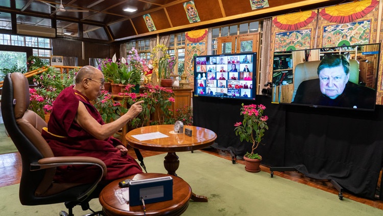 His Holiness the Dalai Lama responding to a question from Prof Svyatoslav Medvedev of the Russian Academy of Sciences and founder of the Institute of the Human Brain online from his residence in Dharamsala, HP, India on May 5, 2021. Photo by Ven Tenzin Jamphel