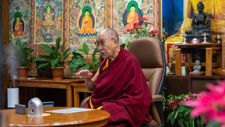 His Holiness the Dalai Lama answering questions from Russian scientists during their dialogue online from his residence in Dharamsala, HP, India on May 5, 2021. Photo by Ven Tenzin Jamphel