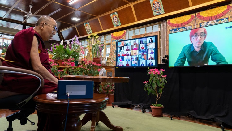 Lev Yakovlev, a student at Moscow University, asking His Holiness the Dalai Lama a question during their dialogue on May 5, 2021. Photo by Ven Tenzin Jamphel