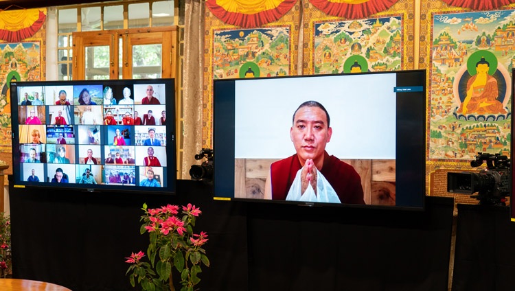 Lobsang Phuntsok, a monk-researcher from Sera Jé Monastery in India listening as His Holiness the Dalai Lama answers his question during their online dialogue on May 5, 2021. Photo by Ven Tenzin Jamphel