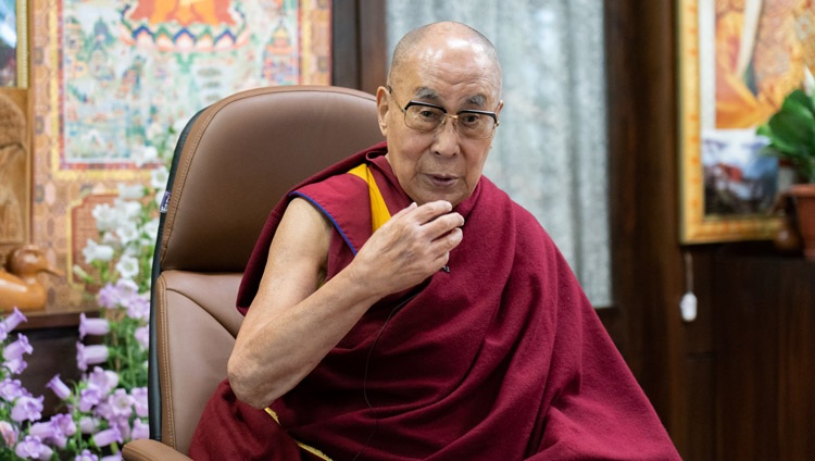 His Holiness the Dalai Lama answering questions posed by Pico Iyer during their conversation online from his residence in Dharamsala, HP, India on May 19, 2021. Photo by Ven Tenzin Jamphel