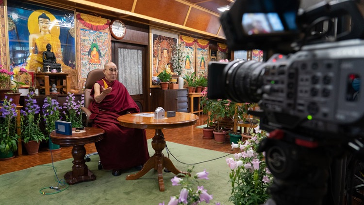 His Holiness the Dalai Lama in conversation with Pico Iyer as the keynote event of the University of California Santa Barbara Arts & Lectures' Creating Hope programming initiative online from his residence in Dharamsala, HP, India on May 19, 2021. Photo by Ven Tenzin Jamphel