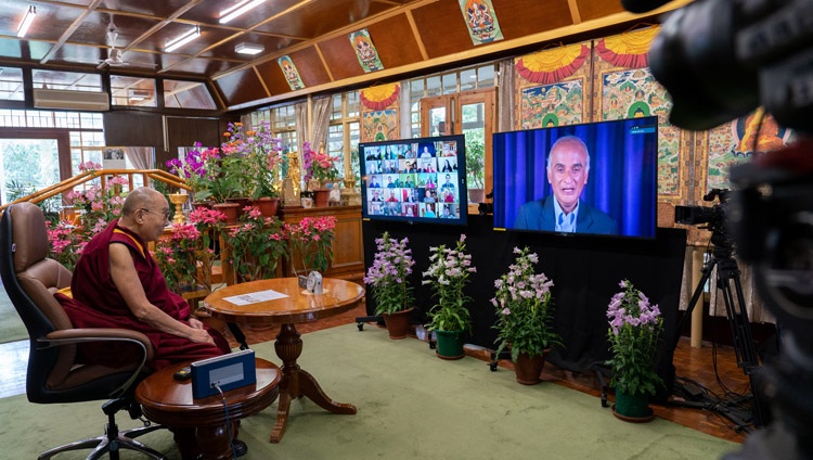 His Holiness the Dalai Lama listening to a question asked by Pico Iyer during their online conversation from his residence in Dharamsala, HP, India on May 19, 2021. Photo by Ven Tenzin Jamphel