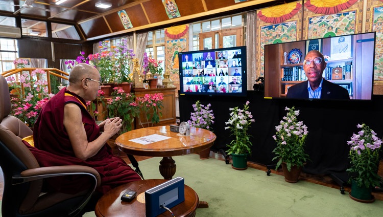 Micheal Drake, President of the University of California thanking His Holiness the Dalai Lama at the conclusion of the online conversation with Pico Iyer from his residence in Dharamsala, HP, India on May 19, 2021. Photo by Ven Tenzin Jamphel