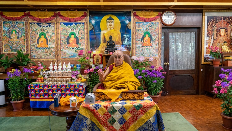 His Holiness the Dalai Lama speaking online from his residence in Dharamsala, HP, India on the occasion of the full moon day of Saka Dawa on May 26, 2021. Photo by Ven Tenzin Jamphel