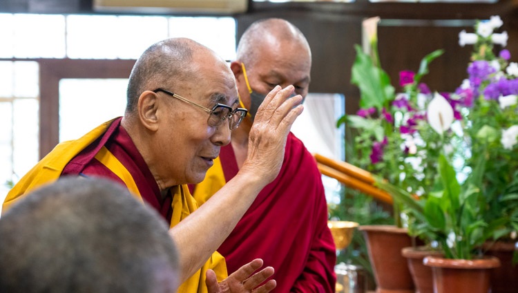 His Holiness the Dalai Lama arriving for the second day of his online teachings for young Tibetans at his residence in Dharamsala, HP, India on June 2, 2021. Photo by Ven Tenzin Jamphel