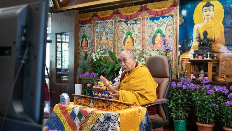 His Holiness the Dalai Lama speaking on the second day of his online teachings for young Tibetans at his residence in Dharamsala, HP, India on June 2, 2021. Photo by Ven Tenzin Jamphel