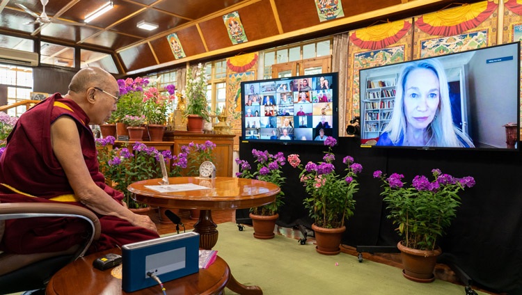 Amy Cohen Varela, Chair, Mind & Life Europe, asking His Holiness the Dalai Lama a question during the ‘Dialogue for a Better World - Remembering Francisco Varela’ online from his residence in Dharamsala, HP, India on June 9, 2021. Photo by Ven Tenzin Jamphel