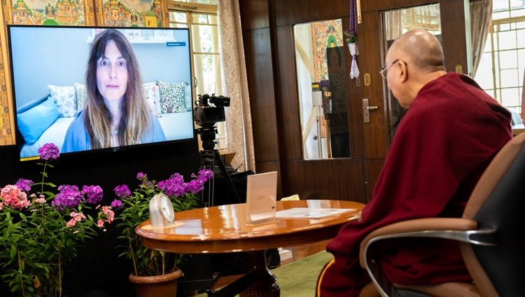 Elena Antonova, Senior Lecturer in Psychology, Brunel University, London, asking His Holiness the Dalai Lama a question during the ‘Dialogue for a Better World - Remembering Francisco Varela’ online from his residence in Dharamsala, HP, India on June 9, 2021. Photo by Ven Tenzin Jamphel
