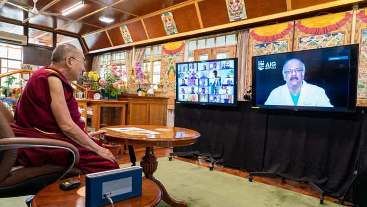His Holiness the Dalai Lama taking questions from health care professionals audience during his talk on Compassion in Healthcare online from his residence in Dharamsala, HP, India on July 7, 2021. Photo by Ven Tenzin Jamphel His Holiness the Dalai Lama taking questions from health care professionals audience during his talk on Compassion in Healthcare online from his residence in Dharamsala, HP, India on July 7, 2021. Photo by Ven Tenzin Jamphel
