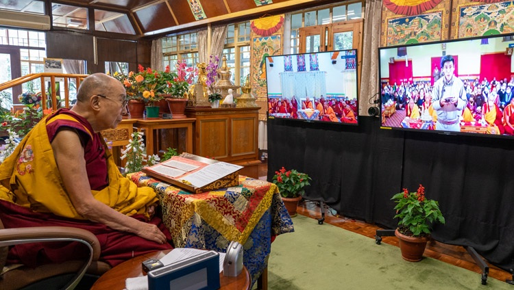 A member of the audience at the Jokhang Temple in Leh, Ladakh, India, asking His Holiness the Dalai Lama a question on the first day of online teachings from his residence in Dharamsala, HP, India on July 13, 2021. Photo by Ven Tenzin Jamphel