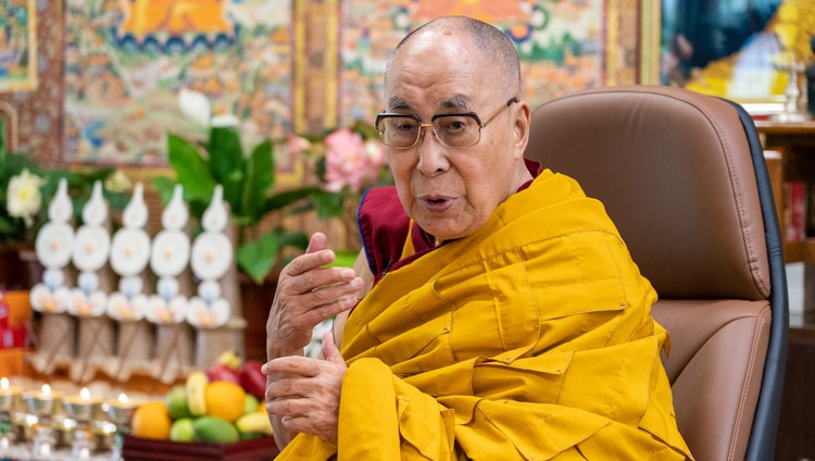 His Holiness the Dalai Lama speaking on the second day of his online teachings from his residence in Dharamsala, HP, India on July 14, 2021. Photo by Ven Tenzin Jamphel His Holiness the Dalai Lama speaking on the second day of his online teachings from his residence in Dharamsala, HP, India on July 14, 2021. Photo by Ven Tenzin Jamphel