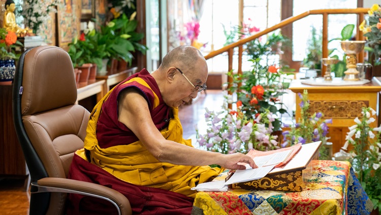 His Holiness the Dalai Lama explaining Atisha's 'Lamp for the Path to Enlightenment' on the second day of his online teachings from his residence in Dharamsala, HP, India on July 14, 2021. Photo by Ven Tenzin Jamphel