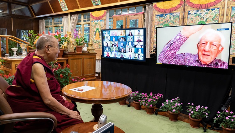 Lord Richard Layard, Professor at the London School of Economics and founder of ‘Action for Happiness’, welcoming His Holiness the Dalai Lama to an online conversation on ‘Creating a Happier World’ on July 28, 2021. Photo by Ven Tenzin Jamphel