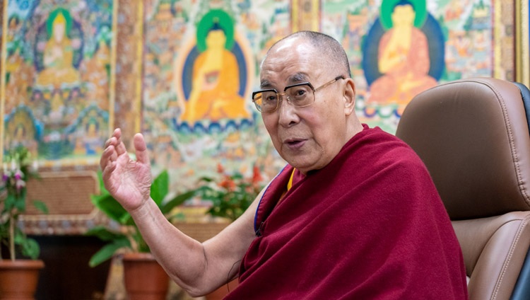 His Holiness the Dalai Lama answering questions from the virtual audience during his online conversation on ‘Creating a Happier World’ from his residence in Dharamsala, HP, India on July 28, 2021. Photo by Ven Tenzin Jamphel