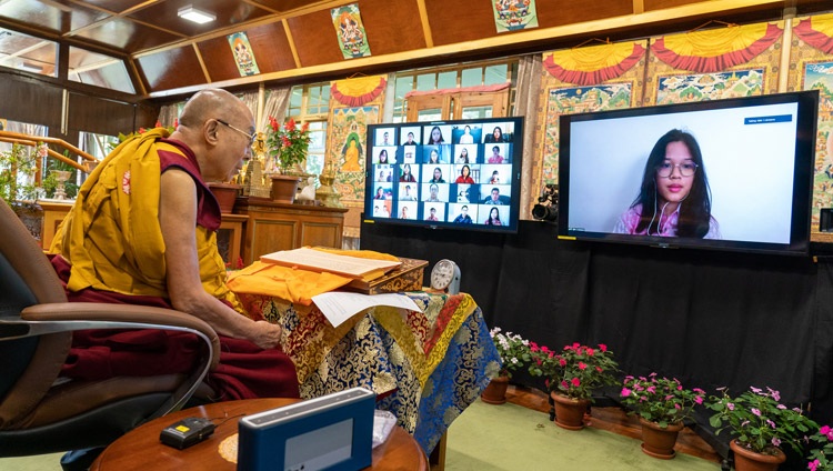 A member os the virtual audience asking His Holiness the Dalai Lama a question during his online conversation with Indonesian students from his residence in Dharamsala, HP, India on August 11, 2021. Photo by Ven Tenzin Jamphel