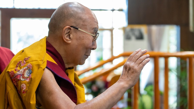 His Holiness the Dalai Lama waving to the virtual audience from Korea as he arrives for his online teaching at his residence in Dharamsala, HP, India on August 18, 2021. Photo by Ven Tenzin Jamphel 