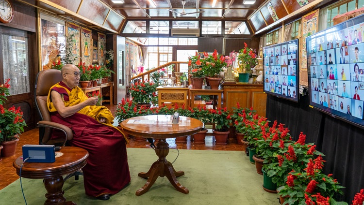 His Holiness the Dalai Lama speaking to the virtual audience during his online teaching from his residence in Dharamsala, HP, India on August 18, 2021. Photo by Ven Tenzin Jamphel 