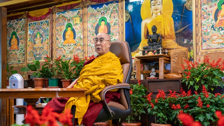 His Holiness the Dalai Lama during his online teaching requested by Korean Buddhists at his residence in Dharamsala, HP, India on August 18, 2021. Photo by Ven Tenzin Jamphel 