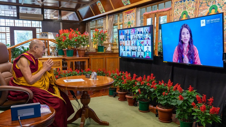 Tenzyn Zöchbauer, Executive Director of the Tibet Initiative Deutschland, welcoming His Holiness the Dalai Lama to a conversation online from his residence in Dharamsala, HP, India on the theme ‘Tibetan Culture and its Potential to Contribute to Peace’ on August 25, 2021. Photo by Ven Tenzin Jamphel