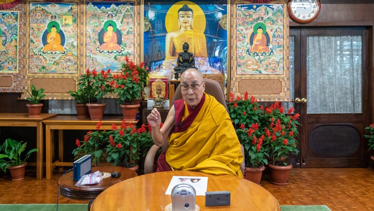 His Holiness the Dalai Lama speaking on the ‘Tibetan Culture and its Potential to Contribute to Peace’ organized by Tibet Initiative Deutschland online from his residence in Dharamsala, HP, India on August 25, 2021. Photo by Ven Tenzin Jamphel