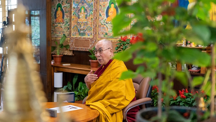 His Holiness the Dalai Lama answering questions from the virtual audience during his conversation on ‘Tibetan Culture and its Potential to Contribute to Peace’ online from his residence in Dharamsala, HP, India on August 25, 2021. Photo by Ven Tenzin Jamphel