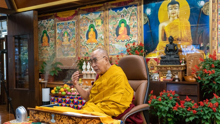 His Holiness the Dalai Lama speaking on the first day of his two day teaching online from his residence in Dharamsala, HP, India on September 8, 2021. Photo by Ven Tenzin Jamphel