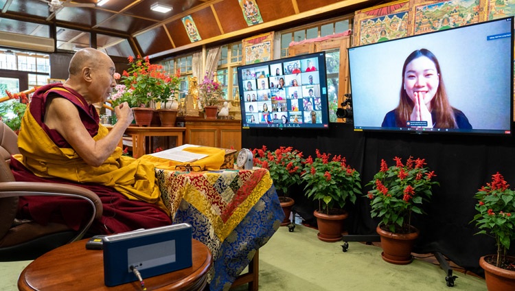 His Holiness the Dalai Lama answering a question from a member of the virtual audience on the first day of his two day teaching requested by Asian Buddhists online from his residence in Dharamsala, HP, India on September 8, 2021. Photo by Ven Tenzin Jamphel