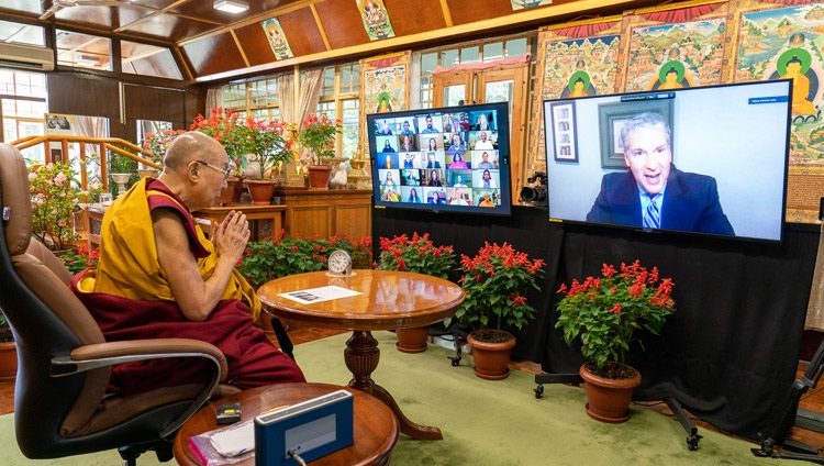 Dr Patrick Leahy, President of Monmouth University, New Jersey welcoming His Holiness the Dalai Lama on the start of their online conversation on about the interconnectedness of happiness, health, well-being, and the future of earth on September 22, 2021. Photo by Ven Tenzin Jamphel Dr Patrick Leahy, President of Monmouth University, New Jersey welcoming His Holiness the Dalai Lama on the start of their online conversation on about the interconnectedness of happiness, health, well-being, and the future of earth on September 22, 2021. Photo by Ven Tenzin Jamphel