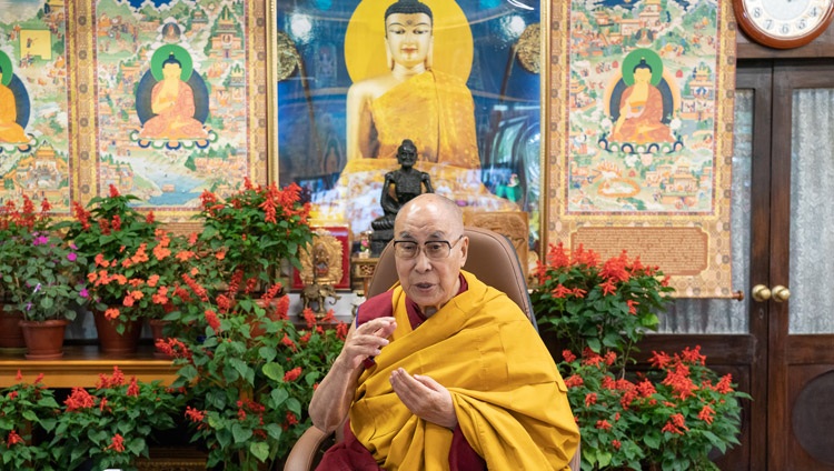 His Holiness the Dalai Lama speaking on the interconnectedness of happiness, health, well-being, and the future of earth during his online conversation with students and faculty of Monmouth University from his residence in Dharamsala, HP, India on September 22, 2021. Photo by Ven Tenzin Jamphel