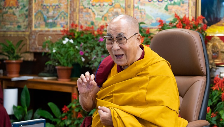 His Holiness the Dalai Lama enjoying a moment of laughter during his online conversation with students and faculty of Monmouth University at his residence in Dharamsala, HP, India on September 22, 2021. Photo by Ven Tenzin Jamphel His Holiness the Dalai Lama enjoying a moment of laughter during his online conversation with students and faculty of Monmouth University at his residence in Dharamsala, HP, India on September 22, 2021. Photo by Ven Tenzin Jamphel