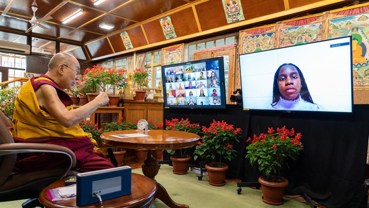 His Holiness the Dalai Lama answering a question form a member of the virtual audience of students and faculty of Monmouth University from his residence in Dharamsala, HP, India on September 22, 2021. Photo by Ven Tenzin Jamphel His Holiness the Dalai Lama answering a question form a member of the virtual audience of students and faculty of Monmouth University from his residence in Dharamsala, HP, India on September 22, 2021. Photo by Ven Tenzin Jamphel