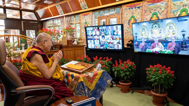 Monks in Taiwan chanting the ‘Heart Sutra’ in Chinese at the start of His Holiness the Dalai Lama's online teachings from his residence in Dharamsala, HP, India on October 9, 2021. Photo by Ven Tenzin Jamphel