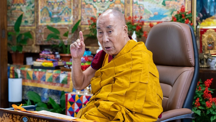 His Holiness the Dalai Lama speaking on the first day of his two day online teaching from his residence in Dharamsala, HP, India on October 9, 2021. Photo by Ven Tenzin Jamphel