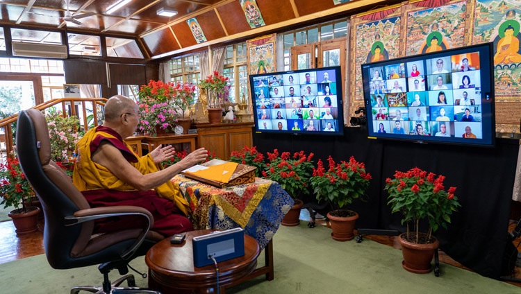 His Holiness the Dalai Lama addressing the virtual audience on the second day of his two day online teaching from his residence in Dharamsala, HP, India on October 10, 2021. Photo by Ven Tenzin Jamphel