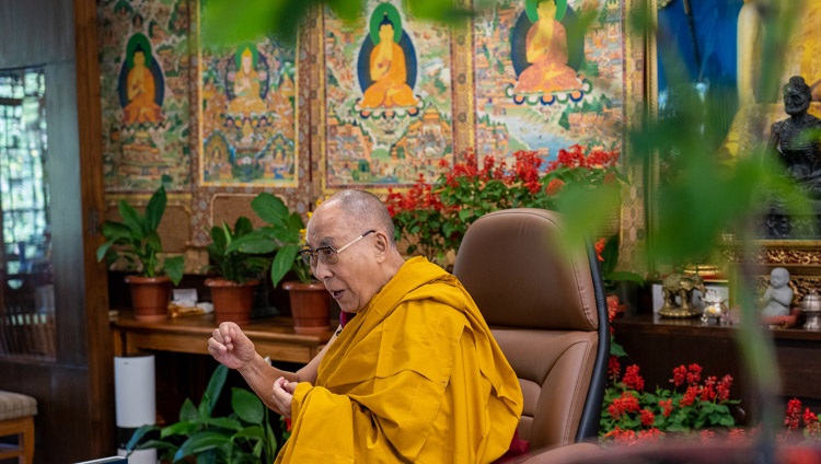 His Holiness the Dalai Lama answering questions from the virtual audience of young peace-builders during their conversation about compassion, education and equality from his residence in Dharamsala, HP, India on October 14, 2021. Photo by Ven Tenzin Jamphel