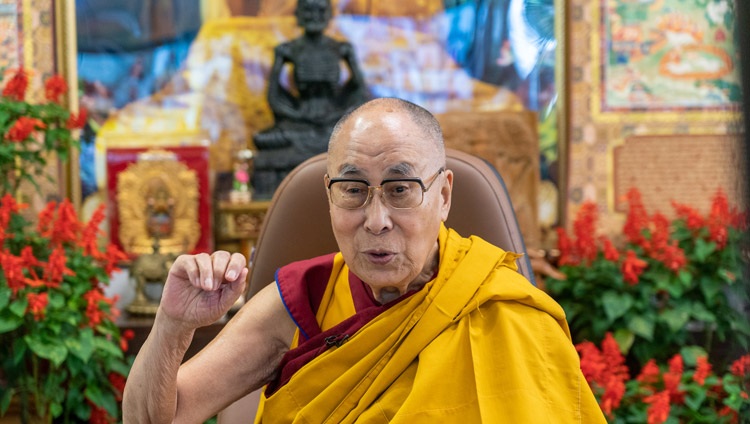 His Holiness the Dalai Lama addressing the online audience of young peace-builders from his residence in Dharamsala, HP, India on October 14, 2021. Photo by Ven Tenzin Jamphel His Holiness the Dalai Lama addressing the online audience of young peace-builders from his residence in Dharamsala, HP, India on October 14, 2021. Photo by Ven Tenzin Jamphel