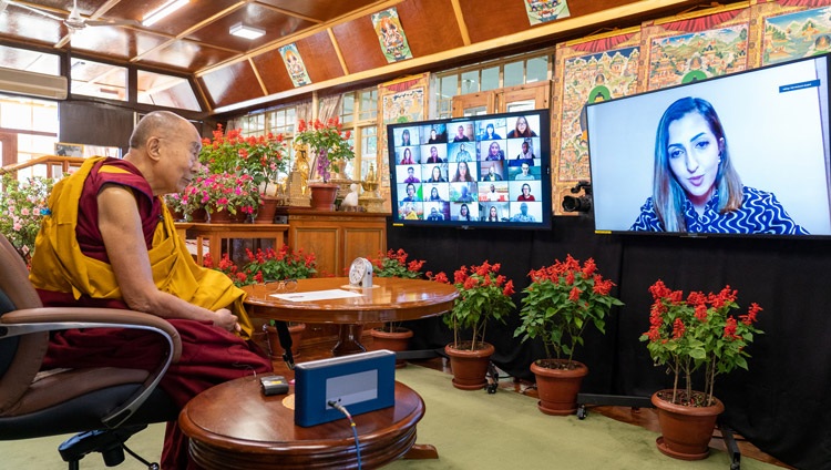 Muborak Muqimi from Tajikistan asking His Holiness the Dalai Lama a question during the online conversation on October 14, 2021. Photo by Ven Tenzin Jamphel Muborak Muqimi from Tajikistan asking His Holiness the Dalai Lama a question during the online conversation on October 14, 2021. Photo by Ven Tenzin Jamphel